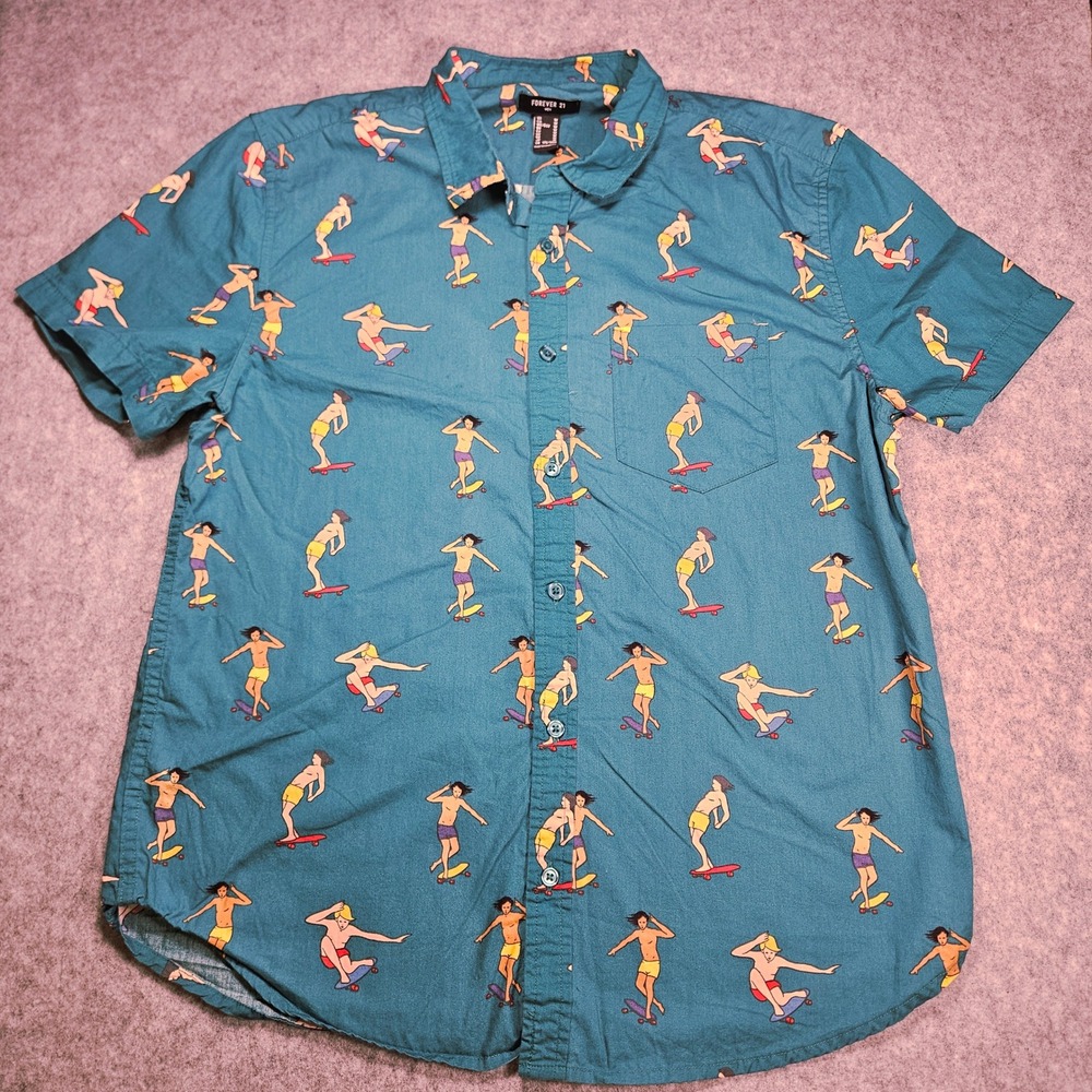 Forever 21 Mens Teal Skateboarder Button Down Shirt Indie Novelty Summer Sz M